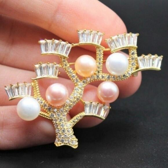 Luxurious Freshwater Pearl Tree Brooch Multi-Bead Cubic Zirconia Gold Plated NWT - Picture 5 of 9